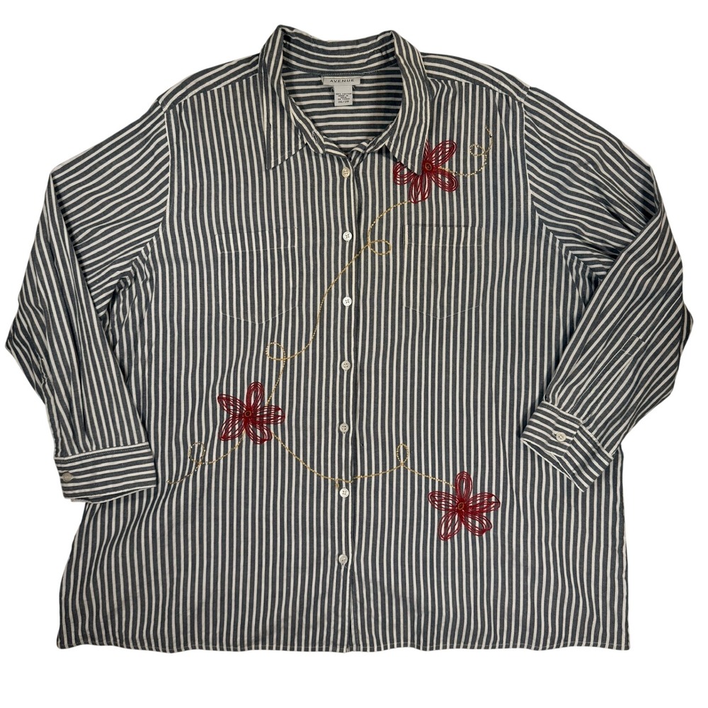 Avenue Embroidered Floral Striped Button Down Shirt 26/28 Women Blue Cotton